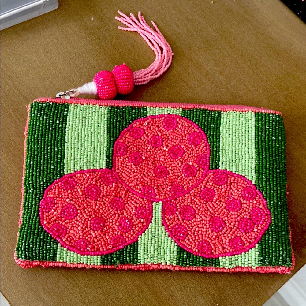 Anthropologie Vibrant Pink and Green Wristlet with Intricate Patterns